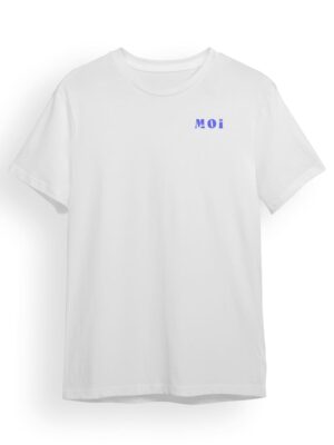 Remera oversize unisex blanca 100% de algodón con diseño de palabra moi en color azul en DTF